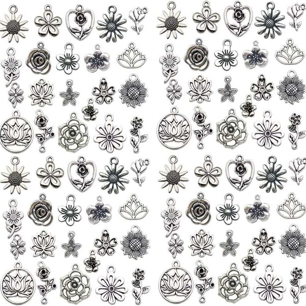 120pcs Antique Silver Fower Charm for Jewelry Making Alloy Spring Floral Flower
